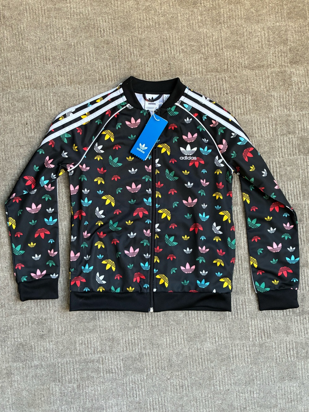 adidas Black Multicolor Trefoil Print Kids Track Jacket NWT Size Small